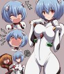  &gt;_&lt; +++ 1girl ayanami_rei blue_hair bodysuit breasts cowboy_shot crying fujitaka_nasu grey_background hairpods heart highres interface_headset large_breasts laughing looking_at_viewer multiple_views neon_genesis_evangelion out_of_character plugsuit smile souryuu_asuka_langley spoken_heart standing tears upper_body white_bodysuit 
