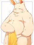  2022 anthro balls belly blush bodily_fluids eyes_closed genitals hi_res kemono lagomorph leporid male mammal overweight overweight_male rabbit shouka_2810 solo sweat towel 