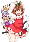  3girls :d animal_ears arms_up bare_legs blonde_hair brown_eyes brown_hair cat_ears chen dress earrings fang green_headwear happy hat jewelry mob_cap multiple_girls nekomata pillow_hat purple_eyes shiromamekei single_earring skin_fang smile solo_focus tabard touhou white_dress yakumo_ran yakumo_yukari 