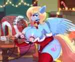  absurd_res anthro areola big_breasts blonde_hair blue_body blue_feathers bodily_fluids breasts cutie_mark english_text equid equine feathers female hair hasbro hi_res huge_breasts kuroran lactating lusty_symphony mammal my_little_pony nipples pegasus solo text wings 