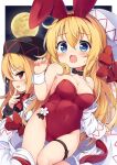  2girls animal_ears baku-p bangs black_headwear blonde_hair blue_eyes bow breasts cleavage covered_navel flower full_moon highres large_breasts leotard lily_black lily_white long_hair looking_at_another moon multiple_girls night open_mouth playboy_bunny rabbit_ears red_bow red_eyes red_leotard star_(symbol) thigh_strap touhou white_headwear wrist_cuffs 