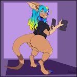  anthro biped black_border blue_nails blush border bottomless claws clothed clothing colored_nails dipstick_tail exclamation_point eyewear female fur glasses greasymojo hi_res kangaroo long_ears macropod mammal markings marsupial nails round_glasses solo stacey_(crazywolf45) surprise tail_markings tan_body tan_fur thick_thighs year 