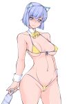  1girl 2k-tan areola_slip bangs bare_arms bare_shoulders bikini blue_eyes blue_hair bottle bow bowtie breasts cameltoe cleavage closed_mouth collarbone covered_nipples cowboy_shot detached_collar eyelashes front-tie_bikini_top front-tie_top headgear highres holding holding_bottle large_breasts legs_apart light_blue_hair looking_at_viewer micro_bikini os-tan over-rim_eyewear red-framed_eyewear ruriwo_(ruriwo1894) semi-rimless_eyewear short_hair simple_background smile solo split_mouth standing swimsuit thighs underboob water_bottle white_background wrist_cuffs yellow_bikini yellow_bow yellow_bowtie 