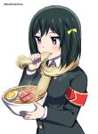  1girl absurdres ai_drawing_anime_characters_eating_ramen_(meme) armband artist_name bow box_wonderland cup cup_ramen dark_green_hair eating egg fang food hair_bow highres holding holding_cup holding_food love_live! love_live!_nijigasaki_high_school_idol_club meat meme mifune_shioriko noodles parody ramen red_armband red_eyes school_uniform short_hair signature white_background yellow_bow 