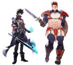  2boys abs aqua_eyes armor bikini_armor black_footwear black_hair black_pants black_thighhighs blue_fire boku_no_hero_academia boots brown_gloves burn_scar dabi_(boku_no_hero_academia) endeavor_(boku_no_hero_academia) father_and_son fire flame full_body garter_straps gloves holding holding_sword holding_weapon koooogasya looking_at_viewer male_focus multiple_boys muscular muscular_male pants pauldrons pectorals red_hair scar scar_across_eye shield short_hair short_sleeves shoulder_armor spiked_hair standing sword thighhighs weapon 