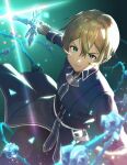  1boy bangs black_pants blonde_hair blue_coat blue_rose_sword closed_mouth coat eugeo green_eyes hair_between_eyes highres holding holding_sword holding_weapon long_sleeves looking_at_viewer male_focus pants short_hair smile sword sword_art_online sword_art_online:_alicization twitter_username weapon yappo_(point71) 