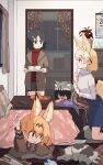  4girls alternate_costume animal_ears black_hair blonde_hair blue_skirt brown_sweater casual cat cat_ears cat_girl commentary_request common_raccoon_(kemono_friends) extra_ears fennec_(kemono_friends) fox_ears fox_girl fox_tail grey_hair grey_jacket grey_shirt grey_shorts hair_ornament hairclip highres jacket kaban_(kemono_friends) kemono_friends kotatsu long_sleeves multicolored_hair multiple_girls nanana_(nanana_iz) plaid plaid_shorts raccoon_ears raccoon_girl raccoon_tail red_sweater serval_(kemono_friends) shirt short_hair shorts skirt sweater table tail turtleneck turtleneck_sweater under_kotatsu under_table 