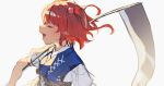  1girl closed_eyes hair_bobbles hair_ornament highres holding holding_scythe jill_07km onozuka_komachi open_mouth red_hair sash scythe short_sleeves simple_background solo touhou two_side_up upper_body white_background 