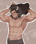  1boy abs absurdres arknights armpits bara highres horns long_hair male_focus matterhorn_(arknights) mobrinono multiple_scars nipples pectorals scar solo topless_male undressing 