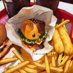  artist_name bread_bun burger copyright_name criis-chan danganronpa:_trigger_happy_havoc danganronpa_(series) drink food food_focus foodification french_fries monokuma no_humans twitter_username 