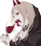  1girl absurdres bela_dimitrescu bela_dimitrescu_(cosplay) blonde_hair blood blood_on_face blood_vial breasts chainsaw_man cleavage cosplay cross-shaped_pupils cup drinking_glass facial_mark fingernails highres horns jewelry licking_lips long_hair looking_to_the_side necklace power_(chainsaw_man) red_eyes red_horns red_nails resident_evil resident_evil_village sharp_fingernails simple_background solo symbol-shaped_pupils tongue tongue_out white_background wine_glass yuuwaku06 
