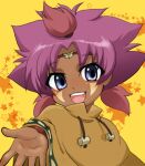  1boy beyblade blue_eyes cape circlet dark-skinned_male dark_skin drawstring facial_mark looking_at_viewer medium_hair metal_fight_beyblade open_mouth poncho purple_hair pyraju_youkai solo star_(symbol) tithi twitter_username upper_body 