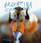  2022 accessory anthro argentina big_breasts breasts canid canine carnival_(holiday) clothed clothing colored detailed_background digital_drawing_(artwork) digital_media_(artwork) digitigrade exhibitionism fan_character female footwear fox fur genitals glass green_eyes hair hi_res holidays looking_at_viewer mammal muscular muscular_anthro muscular_female narrowed_eyes natdraws natdraws_(character) natdrws nipples orange_body orange_fur partially_clothed ponytail predator/prey presenting presenting_breasts public public_nudity pussy seductive socks solo solo_focus tail_motion tailwag teasing thick_thighs tongue wide_hips 