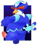 5:6 anthro backsack balls beak belly blue_body blue_eyes blue_feathers butt erection feathers fluffy_chest generation_9_pokemon genitals haxsmack hi_res male nintendo overweight penis pokemon pokemon_(species) quaquaval rear_view solo 