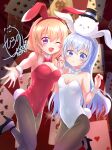  2girls ;d absurdres animal_ears animal_on_head bangs black_footwear black_pantyhose blonde_hair blue_eyes blurry blurry_background blush bow breasts card cleavage collarbone covered_navel detached_collar fake_animal_ears fake_tail front-seamed_legwear gochuumon_wa_usagi_desu_ka? hair_between_eyes hair_ornament hairband high_heels highres holding_hands hoto_cocoa interlocked_fingers kafuu_chino leotard long_hair looking_at_viewer medium_breasts multiple_girls noshi_nono on_head one_eye_closed open_mouth outstretched_arm pantyhose playboy_bunny purple_eyes rabbit rabbit_ears rabbit_on_head rabbit_tail reaching_towards_viewer red_hairband red_leotard seamed_legwear shiny shiny_hair small_breasts smile standing standing_on_one_leg strapless strapless_leotard tail tippy_(gochiusa) very_long_hair white_bow white_hair white_hairband white_leotard wing_collar wrist_cuffs x_hair_ornament 