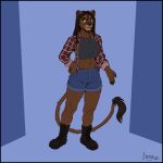  anthro biped boots bottomwear brown_body brown_fur claws clothed clothing cutoffs denim denim_clothing fangs felid female footwear fur greasymojo hair hi_res lion long_hair mammal pantherine pawpads shorts solo tail_tuft teeth topwear tuft 