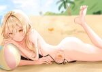  1girl absurdres ass ball barefoot beachball biiiw_x bikini blonde_hair breasts closed_mouth crab flower genshin_impact hair_between_eyes hair_flower hair_ornament highres lotion lumine_(genshin_impact) solo sunscreen swimsuit yellow_eyes 