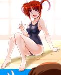  1girl :d bag bare_arms bare_legs barefoot black_one-piece_swimsuit blurry blurry_foreground bow breasts brown_hair collarbone engo_(aquawatery) full_body hair_between_eyes hair_bow long_hair looking_at_viewer lyrical_nanoha mahou_shoujo_lyrical_nanoha mahou_shoujo_lyrical_nanoha_a&#039;s medium_breasts one-piece_swimsuit open_mouth poolside purple_eyes school_swimsuit shiny shiny_hair sitting smile solo_focus swimsuit takamachi_nanoha two_side_up white_bow 