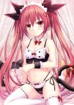  1girl animal_ears arm_support arm_under_breasts bangs bell black_bra black_panties black_ribbon blush bow bow_bra bow_panties bra breasts candy cat_ears cat_tail choker date_a_live fake_animal_ears food frilled_bra frilled_panties frills hair_between_eyes hair_ribbon holding holding_candy holding_food holding_lollipop itsuka_kotori kmcgold30 lingerie lollipop long_hair looking_at_viewer midriff navel on_bed panties pillow red_bow red_eyes red_hair ribbon sidelocks sitting small_breasts solo string_panties tail tail_bell tail_ornament tail_ribbon thighhighs thighs twintails underwear v-shaped_eyebrows very_long_hair white_choker white_thighhighs 