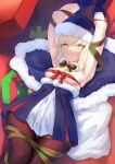  1girl absurdres armpits arms_up artoria_pendragon_(fate) bare_shoulders blonde_hair blue_capelet blue_gloves blush bow bowtie breasts breasts_out capelet christmas christmas_present clothes_pull dress dress_pull expressionless fate/grand_order fate_(series) fur-trimmed_capelet fur-trimmed_dress fur-trimmed_headwear fur_trim gift gloves hat highres knees_up looking_at_viewer lying no_bra okuma707 on_back pantyhose ribbon_bra saber_alter santa_alter santa_hat skindentation small_breasts solo staring yellow_eyes 