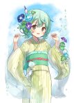  1girl :d aqua_hair aqua_sash artist_request bangs blue_background blue_flower blush cowboy_shot cowlick dot_nose flower green_eyes green_kimono hair_flower hair_ornament hands_up highres holding_shawl japanese_clothes kimono leaf leaf_print long_sleeves looking_at_viewer low_twintails magia_record:_mahou_shoujo_madoka_magica_gaiden mahou_shoujo_madoka_magica natsume_kako obi obiage obijime print_kimono purple_flower sash second-party_source shawl short_hair smile solo striped striped_kimono teeth twintails upper_teeth_only vertical-striped_kimono vertical_stripes 