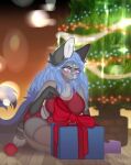  2022 anthro blue_hair breasts canid canine canis christmas christmas_clothing christmas_lights christmas_tree clothing colored digital_drawing_(artwork) digital_media_(artwork) female fox fur gift grey_body grey_fur hair holidays legwear macyw mammal new_year pink_eyes plant shaded sitting sitting_on_ground smile solo solo_focus thigh_highs tree wolf 