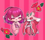  1girl :d ahoge arm_at_side bangs blush bow braid chibi closed_eyes crossover floral_print flower full_body hair_bow hand_up highres japanese_clothes kimono leaf lurantis magia_record:_mahou_shoujo_madoka_magica_gaiden mahou_shoujo_madoka_magica medium_hair obi okobo open_mouth outline pink_background pink_flower pink_hair pink_kimono pokemon pokemon_(creature) print_sash sash side_braid smile socks solo striped striped_background takenoko_mgrc tokiwa_nanaka vertical_stripes very_long_sleeves white_bow white_outline white_socks 