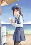  automatic_giraffe beach beret black_hair blue_dress blue_headwear brown_eyes chainsaw_man choker collared_shirt commentary day dress english_commentary food hair_ornament hairclip hat higashiyama_kobeni highres holding_ice_cream ice_cream ice_cream_stand long_sleeves looking_at_viewer medium_hair mole mole_under_eye mole_under_mouth neck_ribbon ocean official_alternate_costume outdoors pantyhose ponytail ribbon sand shirt single_sidelock sweat umbrella water white_shirt 