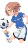  2girls arm_up ball baseball_cap blonde_hair blue_shirt brown_hair character_name character_request floating_hair hat highres idolmaster idolmaster_cinderella_girls long_hair multiple_girls ryuzaki_kaoru shirt short_hair short_sleeves shorts simple_background soccer soccer_ball soccer_uniform sportswear white_background white_headwear white_shorts yama_tatsuo 