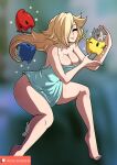  1girl bare_legs bare_shoulders bird blonde_hair breasts brushing_hair cleavage closed_eyes closed_mouth collarbone crow crown dress full_body hair_over_one_eye highres kinkymation large_breasts lips long_hair luma_(mario) mario_(series) one_eye_closed patreon_logo patreon_username rosalina smile star_(symbol) super_mario_galaxy 