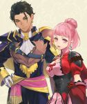  1boy 1girl armor ascot black_hair bodice breasts claude_von_riegan cleavage closed_mouth commentary_request dark-skinned_male dark_skin earrings fire_emblem fire_emblem:_three_houses fire_emblem_warriors:_three_hopes gloves green_eyes hair_bun hand_on_hip hilda_valentine_goneril isa_(peien516) jewelry large_breasts long_sleeves looking_at_viewer official_alternate_costume official_alternate_hairstyle pink_eyes pink_hair short_hair shoulder_armor single_hair_bun smile white_ascot white_gloves 