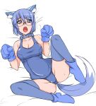  1girl 2k-tan animal_ears ankle_boots bangs bare_shoulders blue_collar blue_eyes blue_footwear blue_gloves blue_hair blue_one-piece_swimsuit blue_thighhighs blush boots breasts cleavage collar collarbone dog_ears dog_tail eyelashes full_body furrowed_brow glasses gloves hair_between_eyes hands_up looking_at_viewer lying medium_breasts nose_blush on_back open_mouth os-tan pink_lips ruriwo_(ruriwo1894) school_uniform solo swimsuit tail teeth thighhighs thighs upper_teeth_only 