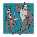  2022 abs absurd_res anthro barazoku bedroom_eyes biceps big_muscles blue_background border bowl canid canine canis cereal chip_the_wolf container cookie_crisp cutlery featureless_crotch feet flexing food fur hi_res holding_bowl holding_container holding_food holding_object holding_spoon huge_muscles kitchen_utensils livingbread_(artist) looking_at_viewer male mammal mascot muscular muscular_anthro muscular_male narrowed_eyes nude obliques open_mouth open_smile pecs plantigrade seductive simple_background size_difference smile soles solo spoon square_crossover teeth text tongue tools tuft url walking white_border wolf 