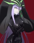  1girl bangs black_bodysuit bodysuit breasts crossed_arms fate/grand_order fate_(series) heterochromia highres house_tag_denim kingprotea_(fate) large_breasts long_hair looking_at_viewer purple_eyes purple_hair solo tongue tongue_out veil very_long_hair xochitonal_(fate) yellow_eyes 