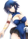  1girl bangs bare_shoulders blue_dress blue_eyes blue_hair breasts ciel_(tsukihime) clothing_cutout commentary covered_navel dress gloves highres looking_at_viewer medium_breasts powered_ciel short_hair sleeveless sleeveless_dress solo tattoo tsukihime vent_vert_(kuuya) weapon 