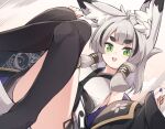  1girl :d animal_ear_fluff animal_ears antenna_hair bangs black_hair black_jacket black_thighhighs commentary_request convenient_leg copyright_request dutch_angle green_eyes grey_hair jacket japanese_clothes kimono knees_up long_hair long_sleeves looking_at_viewer multicolored_hair nail_polish natsuki_teru off_shoulder open_clothes open_jacket purple_nails short_eyebrows sleeveless sleeveless_kimono sleeves_past_wrists smile solo streaked_hair tail thick_eyebrows thighhighs white_kimono 