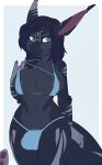  2017 5_fingers anthro areola big_breasts big_bulge big_ears biped blue_bra blue_clothing blue_eyes blue_panties blue_underwear border bra breasts bulge claws clothing digital_media_(artwork) ear_tuft female finger_claws fingers genitals horn looking_at_viewer nipple_outline outside_border panties pattern_background penis penis_base pink_areola pink_inner_ear portrait simple_background solo standing striped_background three-quarter_portrait tuft underwear unknown_species white_border zyira 