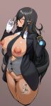  1girl 9is absurdres beckoning black_hair black_jacket black_necktie black_suit blue_eyes blush bottomless breasts breasts_out brown_background cowboy_shot cropped_legs dark-skinned_female dark_skin fellatio_gesture female_pubic_hair formal fuuma_amane gloves hair_between_eyes half-closed_eyes highres index_finger_raised jacket large_breasts long_hair looking_at_viewer mechanical_arms motion_lines necktie nipples open_clothes open_jacket open_mouth open_shirt partially_unbuttoned pubic_hair puffy_nipples pussy_juice saliva shirt simple_background single_glove single_mechanical_arm solo suit taimanin_(series) taimanin_rpgx tongue tongue_out white_gloves white_shirt 