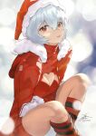  1girl ayanami_rei bangs blue_hair blurry bokeh breasts christmas cleavage cleavage_cutout closed_mouth clothing_cutout commentary_request depth_of_field fadingz fur-trimmed_jacket fur_trim hair_between_eyes hat heart_cutout highres jacket looking_at_viewer neon_genesis_evangelion red_eyes red_socks santa_costume santa_hat short_hair signature sitting socks solo striped striped_socks 
