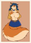  anthro belt big_breasts big_tail blue_hair bottomwear breast_squish breasts canid canine carmelita_fox choker clothed clothing featureless_breasts female fluffy fluffy_tail fox fur hair hi_res jacket jewelry looking_at_viewer mammal necklace open_clothing open_jacket open_topwear orange_body orange_fur partially_clothed skirt sly_cooper_(series) smile solo sony_corporation sony_interactive_entertainment squish standing starfighter sucker_punch_productions topless topwear 