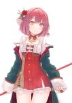  1girl atelier_(series) atelier_sophie atelier_sophie_2 bangs breasts closed_mouth dress flower highres holding holding_staff holding_weapon jacket long_sleeves looking_at_viewer medium_breasts open_clothes open_jacket reciprocaldegree red_eyes red_flower red_rose rose smile solo sophie_neuenmuller staff standing weapon yellow_eyes 