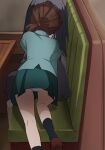  2girls ass brown_hair feet_out_of_frame gegege_no_kitarou haruyama_kazunori implied_kiss inuyama_mana long_sleeves multiple_girls panties short_hair short_ponytail sitting skirt table underwear 