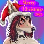  2022 absurd_res anthro blush canid canine canis christmas christmas_clothing christmas_headwear clothing digital_media_(artwork) dragon ear_piercing eyebrow_piercing eyeliner facial_piercing female festive festive_clothing fur fur_markings furgonomics furry-specific_piercing hair hat headgear headwear hi_res holidays hybrid lipstick lorelei_(lynxdts) lynxdts makeup mammal markings mascara multicolored_body multicolored_fur muzzle_piercing neck_markings nose_piercing piercing red_eyes red_hair santa_hat simple_background smile solo solo_focus solo_in_panel text wagon(species) wolf 