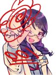  1boy black_hair braid commentary_request fangs fukumaru_koito hair_ornament hairclip idolmaster idolmaster_shiny_colors labcoat looking_at_viewer low_twin_braids natsume_(yukihime) neckerchief one_eye_closed purple_eyes red_neckerchief sailor_collar semi-rimless_eyewear skin_fangs solo twin_braids twintails upper_body white_background 