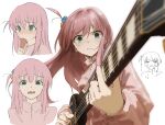  +_+ 1girl 7ife @_@ aqua_eyes blush bocchi_the_rock! commentary electric_guitar english_commentary foreshortening guitar highres instrument long_hair long_sleeves multiple_views music open_mouth pink_hair pink_track_suit playing_instrument simple_background solo sweat wavy_mouth white_background yamada_ryou 