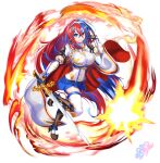  1girl absurdres alear_(fire_emblem) alear_(fire_emblem)_(female) armor blue_eyes blue_hair blue_skirt breasts cape fire_emblem fire_emblem_engage hair_between_eyes heterochromia highres impossible_clothes impossible_shirt large_breasts leg_up long_hair looking_at_viewer miniskirt multicolored_hair nez-box red_eyes red_hair shirt signature skirt smile solo sword thighs very_long_hair weapon zettai_ryouiki 