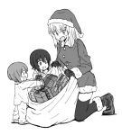  3girls aged_down bangs boots christmas commentary dress frown fur-trimmed_dress fur_trim gift girls_und_panzer gloves greyscale hat holding holding_sack itsumi_erika kneeling long_hair long_sleeves looking_at_another monochrome multiple_girls mutsu_(layergreen) nishizumi_maho nishizumi_miho open_mouth pajamas sack santa_boots santa_dress santa_hat short_dress short_hair siblings sisters standing sweatdrop thighhighs 