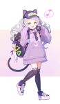  1girl :d animal_ears backpack bag bangs baseball_cap blunt_bangs choker drawstring eyewear_removed fake_animal_ears full_body grey_hair hands_up hat headphones headphones_around_neck holding holding_headphones hololive hood hood_down hoodie long_hair long_sleeves murasaki_shion musical_note open_mouth pink_hoodie puffy_sleeves purple-framed_eyewear shiokko_(murasaki_shion) sleeves_past_wrists smile solo star_(symbol) striped tail tam-u teeth thighhighs twintails two-tone_background upper_teeth_only vertical_stripes virtual_youtuber yellow_eyes 