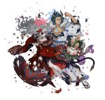  1boy 1girl animal_ears askr_(fire_emblem) bat_ears cow_ears cow_horns damaged dark-skinned_male dark_skin embla_(fire_emblem) fire_emblem fire_emblem_heroes halo horns japanese_clothes kimono long_hair official_art pale_skin torn_clothes white_background white_hair 