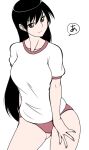  1girl azumanga_daioh bangs black_hair breasts brown_eyes buruma closed_mouth collarbone fingernails flat_color gym_shirt gym_uniform hair_between_eyes large_breasts legs_apart long_hair puffy_short_sleeves puffy_sleeves red_buruma ruriwo_(ruriwo1894) sakaki shirt short_sleeves simple_background solo speech_bubble standing thighs white_background white_shirt 